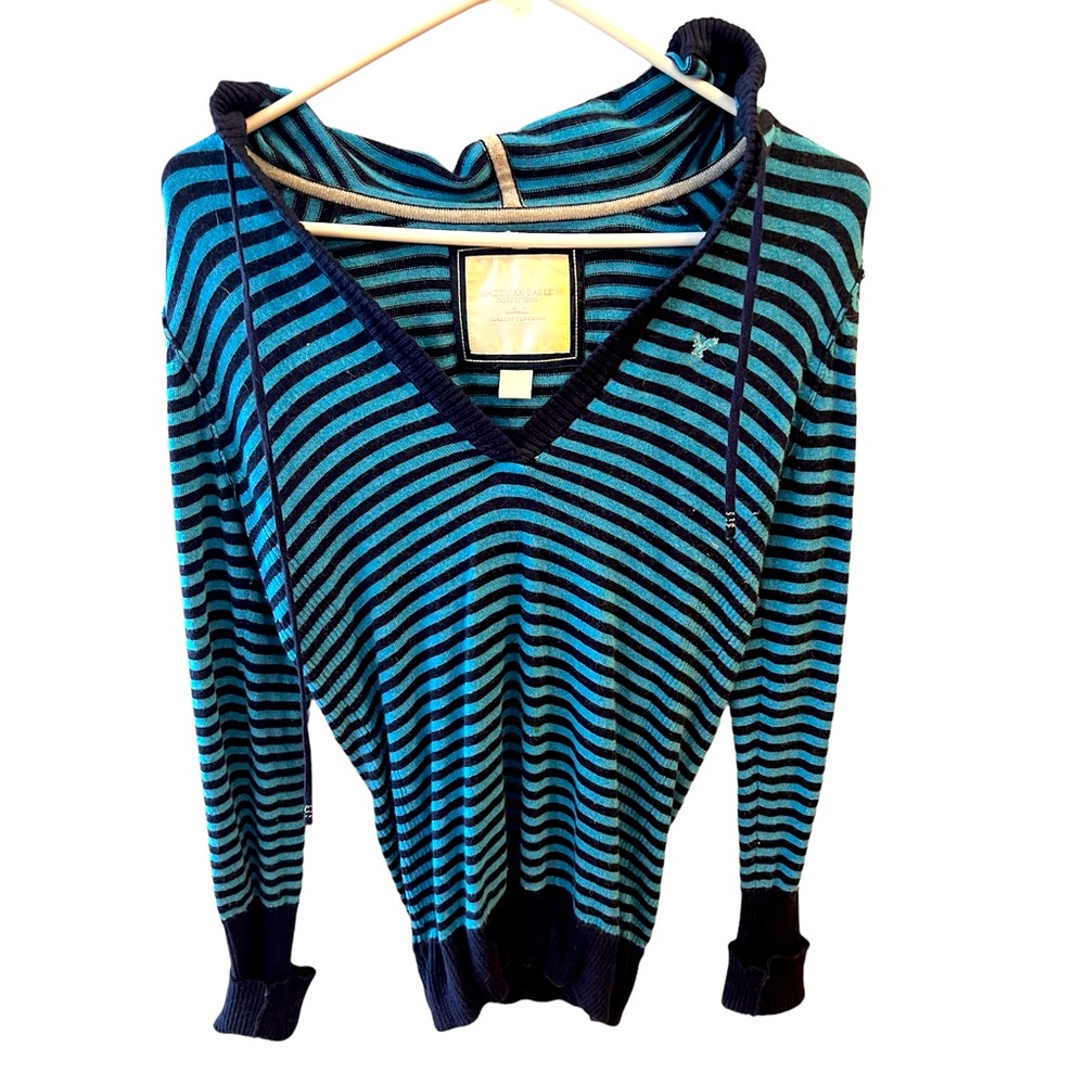 Navy/Blue Striped V-Neck Soft Hooded Sweater by American Eagle Outfitters. Small